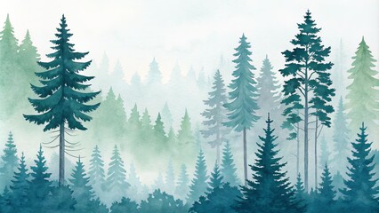 Watercolor Forest Landscape Misty Pines, Blue and Green Hues, Watercolor Painting, Pine Trees, Nature, Forest