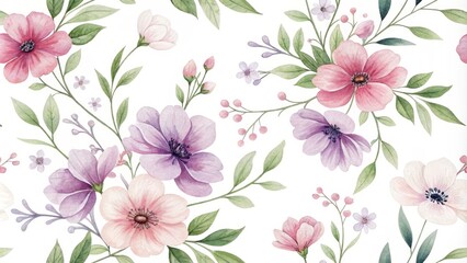 Watercolor Floral Seamless Pattern, Delicate Pink and Purple Flowers with Green Leaves, Floral Background, Watercolor Flowers, Botanical Illustration, Spring Floral Pattern, Floral