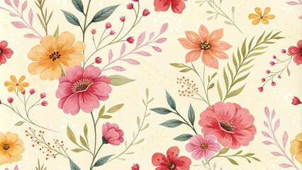 Watercolor Floral Seamless Pattern with Yellow, Pink, and Orange Blooms on Cream Background, floral pattern, flower pattern