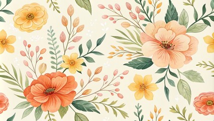 Watercolor Floral Seamless Pattern with Yellow and Orange Flowers, Green Leaves, and White Background, seamless pattern, flower pattern