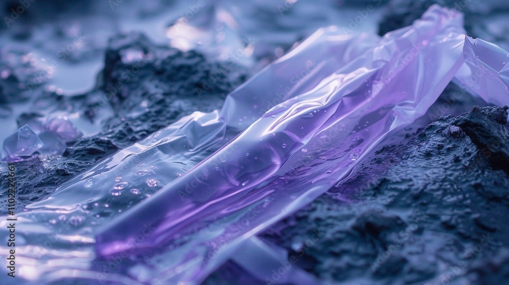 Aufkleber reflective purple plastic on rough terrain 3d rendering image. smooth material and textured dark sur