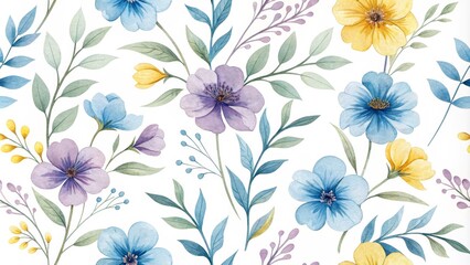 Watercolor Floral Seamless Pattern with Blue, Purple and Yellow Flowers, Floral Pattern, Watercolor Pattern, seamless pattern , flowers , spring
