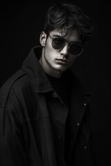 Obraz premium A portrait capturing stylish fashion with dark tones, emphasizing the model's intriguing expressions and style.