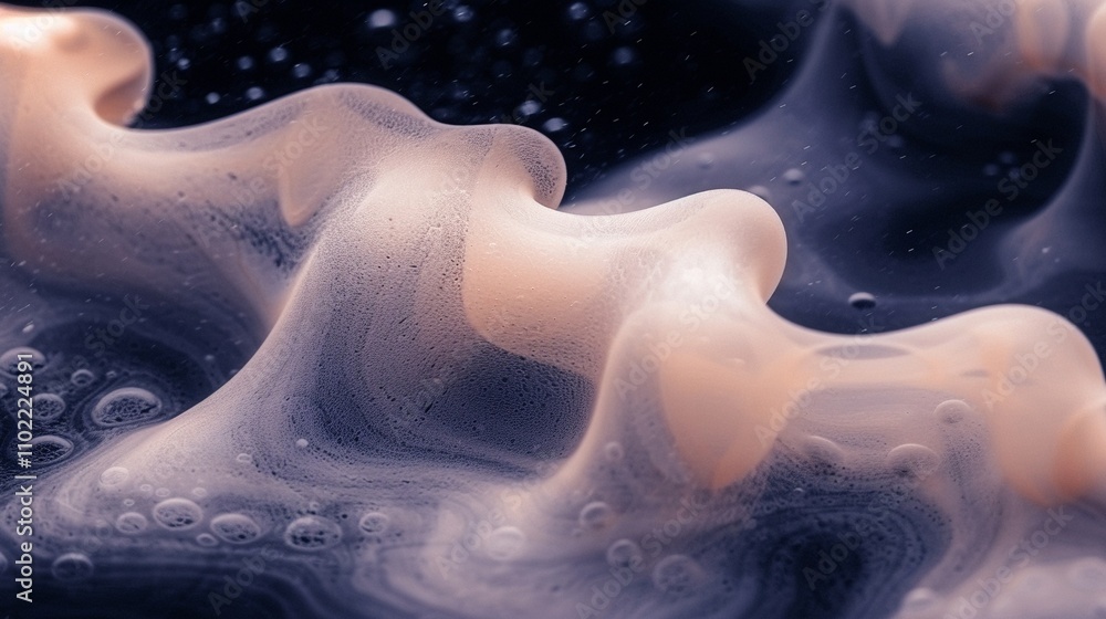 Poster undulating foam textures in soft beige abstract liquid 3d rendering image. tiny bubbles, delicate sh