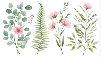 Naklejka premium Watercolor Floral Illustration with Pink Flowers and Greenery, watercolor , botanical