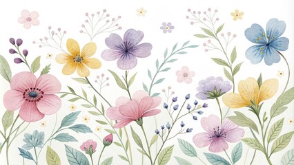 Watercolor Floral Illustration - Delicate Blooms and Lush Greenery, floral art, botanical illustration