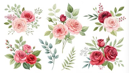 Watercolor Floral Clipart Delicate Pink and Crimson Roses with Greenery, wedding, floral art