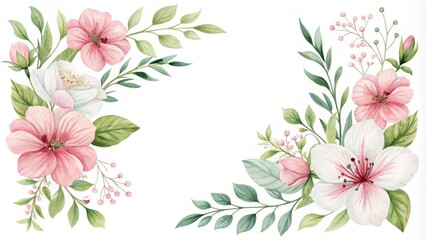 Watercolor Floral Corner Frame with Pink and White Flowers, Greenery, and Berries, floral frame, corner design