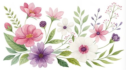 Watercolor Floral Arrangement with Pink, Purple and White Flowers, Green Leaves and Berries, Watercolor Illustration, Floral Design, Botanical Art, Flower Arrangement