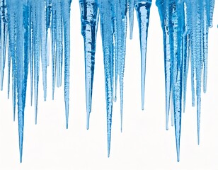 Fototapeta premium A set of shimmering blue ice icicles, each with intricate details, isolated on a white background