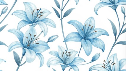 Watercolor Blue Lily Flower Pattern, floral, botanical ,