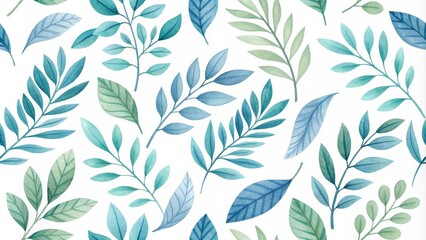 Watercolor Blue and Green Leaves Seamless Pattern, botanical, foliage