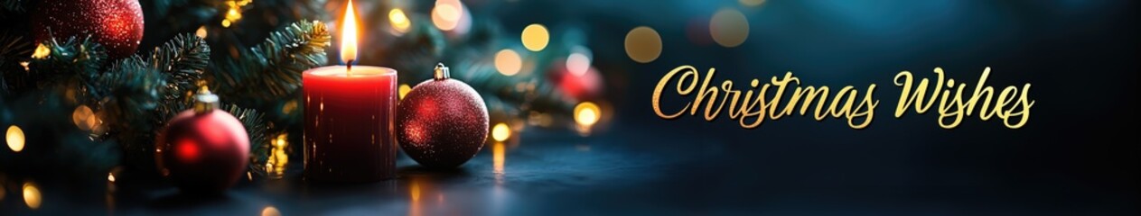 Christmas background with blurred candle and Christmas decorations