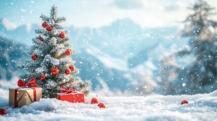 Christmas tree with gifts on a snowy background with a warm glow