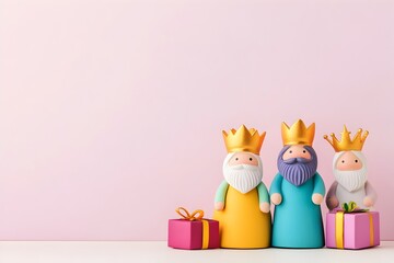 Elegant Minimalist Banner Design with Three Wise Men Figures and Presents for Reyes Magos