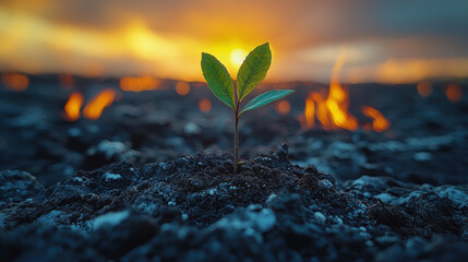 single plant growing in barren field symbolizes hope and resilience against backdrop of fire and sunset. This striking image captures contrast between life and destruction