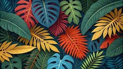 Tropical Leaf Collage Vibrant Colors and Layered Textures, Tropical, Collage