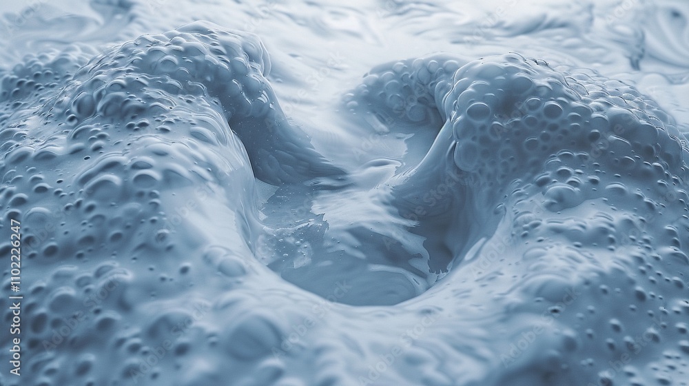 Poster frothy blue liquid texture with bubbles and swirling details closeup image. bubbling foam in dynamic