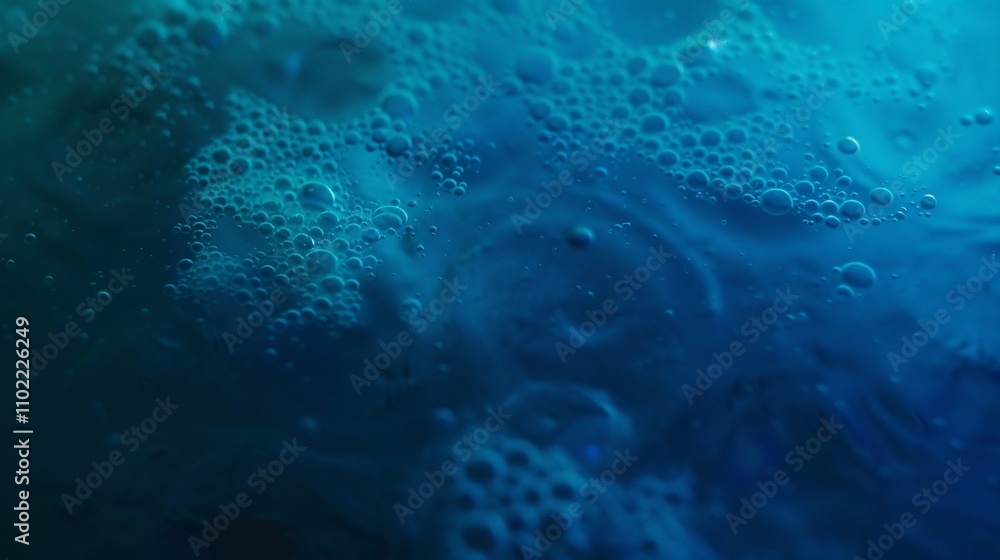 Poster macro shot of bubbles floating in deep blue liquid 3d rendering image. serene underwater effect, aqu