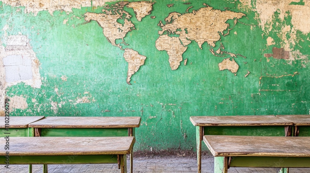 Poster old world map in classroom setting with wooden desks