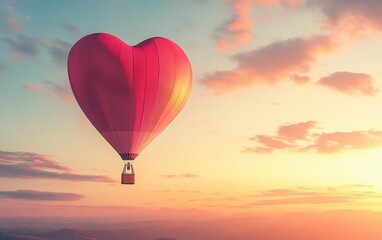 Obraz premium A heart-shaped hot air balloon floating in the air, with a sunset sky as the backdrop, warm and soft colors