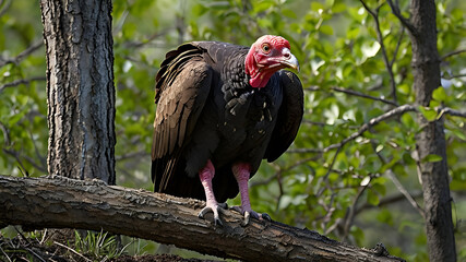  A turkey vulture standing near the base of a tree, with only the lower portion of the trunk visible.