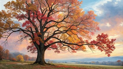 Solitary Oak with Vibrant Autumn Foliage Against a Misty Mountain Landscape, autumn, nature