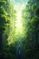 Obraz premium A city street with a green canopy of trees