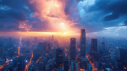 Fototapeta premium A dramatic city skyline under a stormy sky illuminated by lightning at sunset.