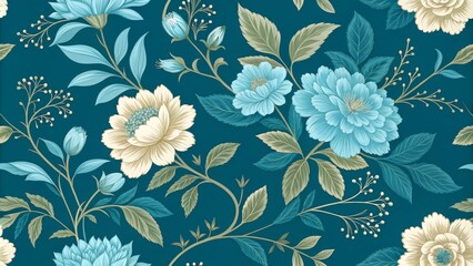 Seamless Floral Pattern with Blue and White Flowers on Teal Background, botanical, pattern design