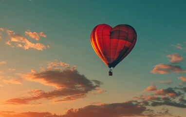 Obraz premium A heart-shaped hot air balloon floating in the air, with a sunset sky as the backdrop, warm and soft colors