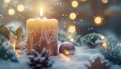 A single candle burns brightly in the snow, surrounded by festive decorations and warm lights.