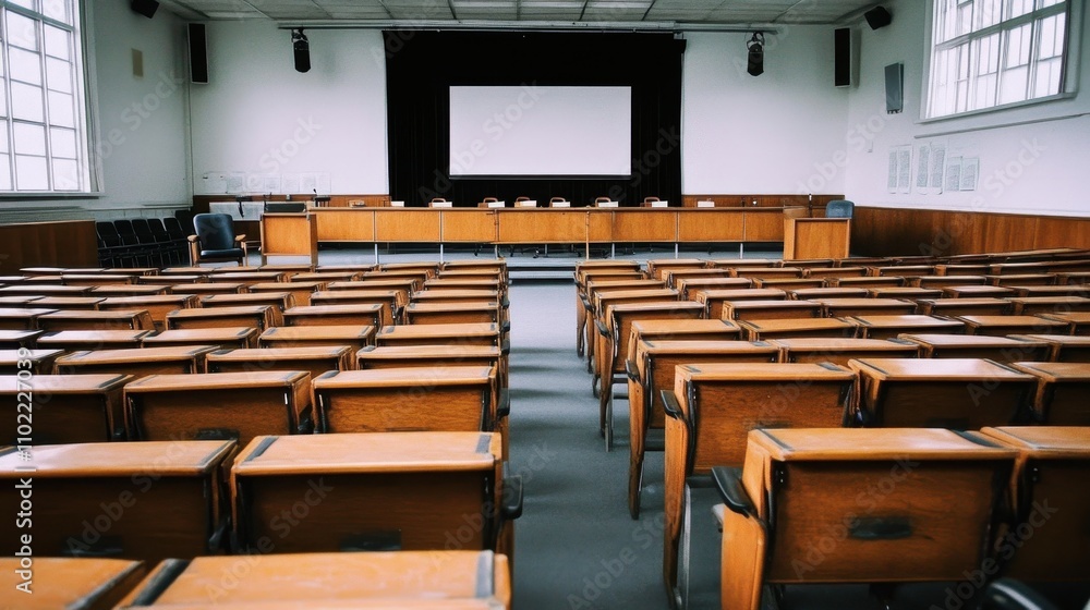 Poster empty lecture hall with wooden desks and projection screen