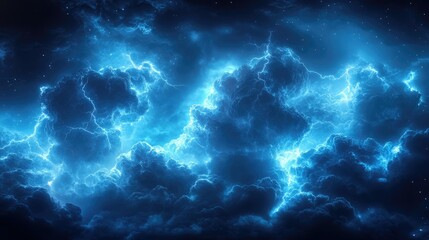 A dramatic depiction of electric blue clouds illuminated by flashes of lightning in a night sky.