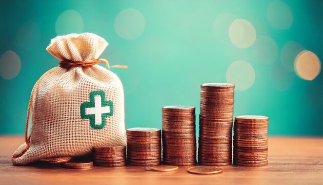 A growing stack of coins next to a medical bag, symbolizing rising medical expenses due to inflation, with coins steadily increasing in height.