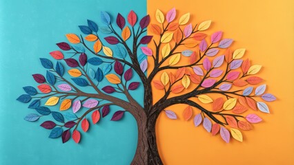 Paper Cutout Tree with Multicolored Leaves on Blue and Orange Background, autumn, nature