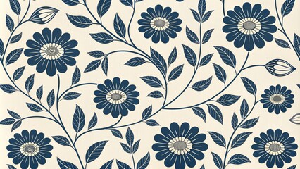 Navy Blue Floral Pattern on Cream Background, wallpaper ,floral design