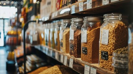 Fototapeta premium Glass jars with grains and seeds on a market shelf