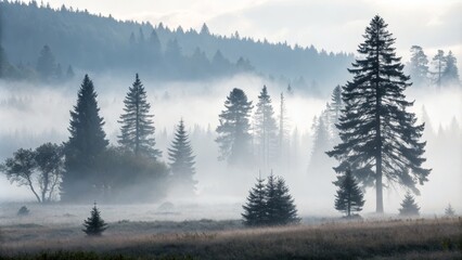 Misty Forest Landscape with Silhouetted Trees, nature photography, landscape photography ,forest
