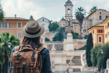 Fototapeta premium Woman with a backpack and hat looking at historic city.