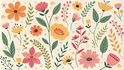 Hand Drawn Floral Illustration with Yellow and Pink Flowers on Cream Background, Pattern, Floral Design, flower