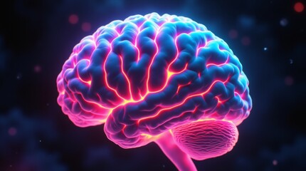A mysteriously glowing brain, illuminated with neon-bright colors swirling in hallucinogenic patterns. The intricate folds and crevices of the brain are accentuated by the vibrant hues of pink