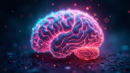 A mysteriously glowing brain, illuminated with neon-bright colors swirling in hallucinogenic patterns. The intricate folds and crevices of the brain are accentuated by the vibrant hues of pink