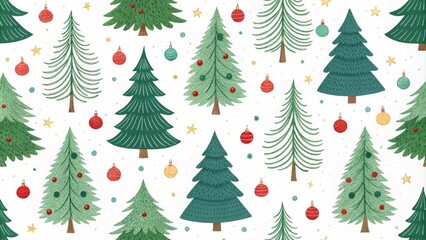 Fototapeta premium Hand-drawn Christmas Trees Pattern with Ornaments and Stars, Seamless, Winter, Christmas , Christmas tree, holiday