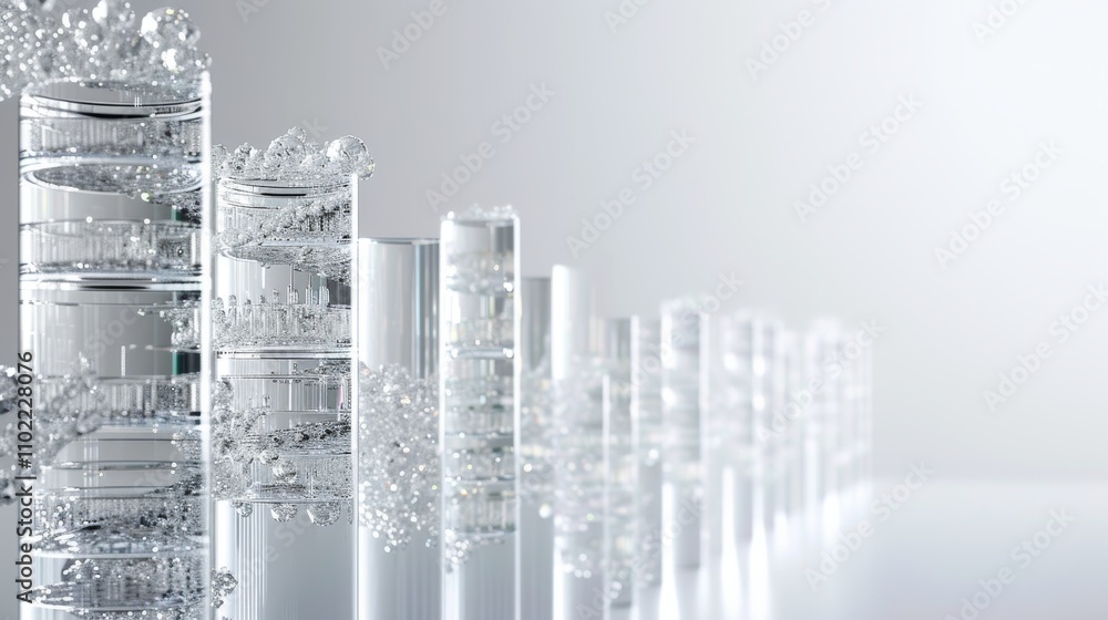 Poster a line of reflective crystal columns extending into the distance, creating a futuristic and minimali