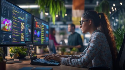 A focused programmer types at a vibrant office with monitors, plants, and collaborative colleagues.