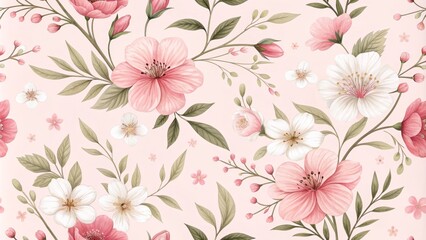 Floral Watercolor Seamless Pattern - Pink and White Flowers, Pastel Background, Botanical Art, Spring Blossoms, Nature, Flower Illustration, Pattern Design