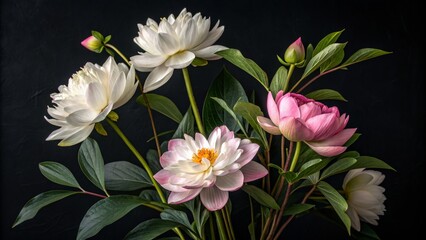 Obraz premium Floral Symphony White and Pink Peonies on Black Background, Botanical Art, Flower Photography, Peony, Flower Art