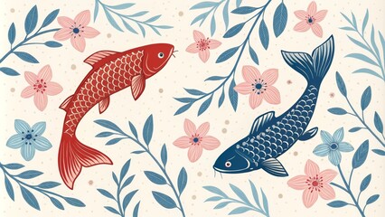 Obraz premium Floral Koi Fish Illustration, Japanese Art, Koi Fish Art