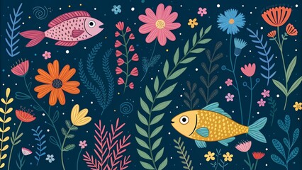 Naklejka premium Floral Fish Illustration with a Dark Blue Background, Digital Art, Underwater , Nature